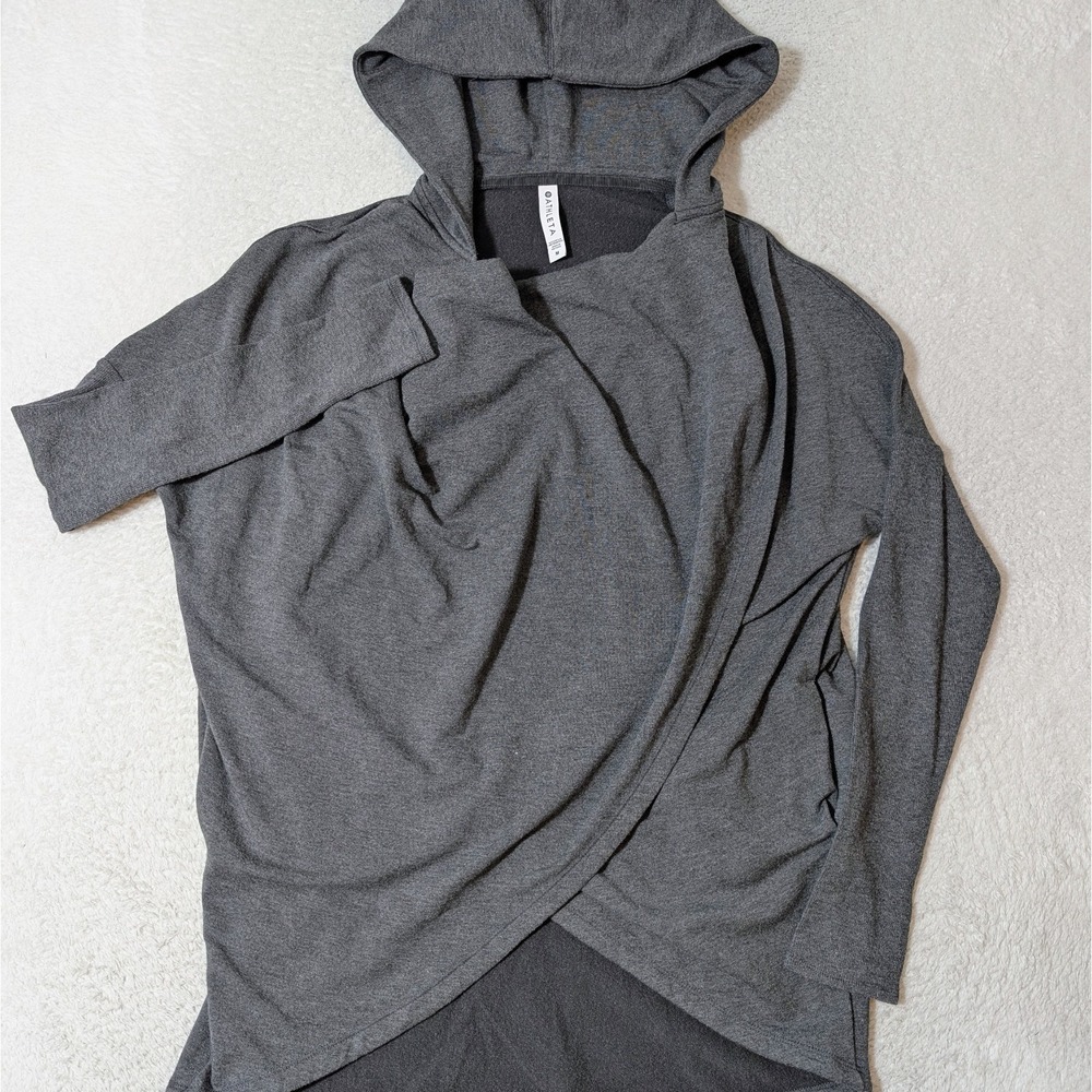 Athleta Medium Gray Fleece Lined Hoodie Sweatshirt Cross Front Modal Stretch‎